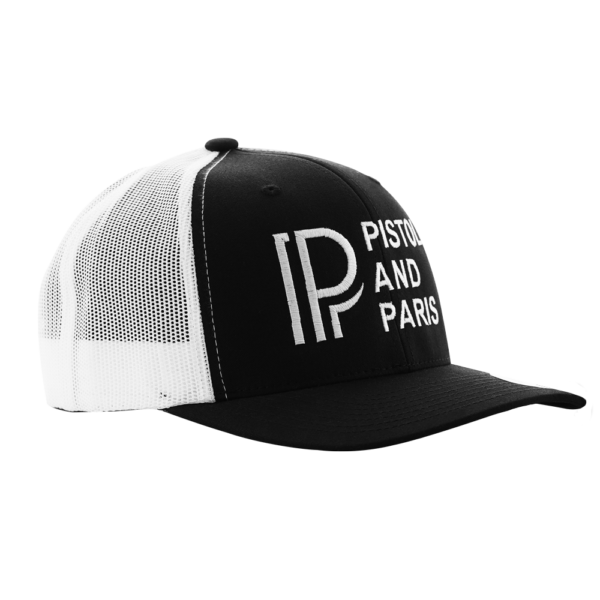 black and white pistol and paris trucker hat