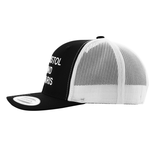 black and white pistol and paris trucker hat