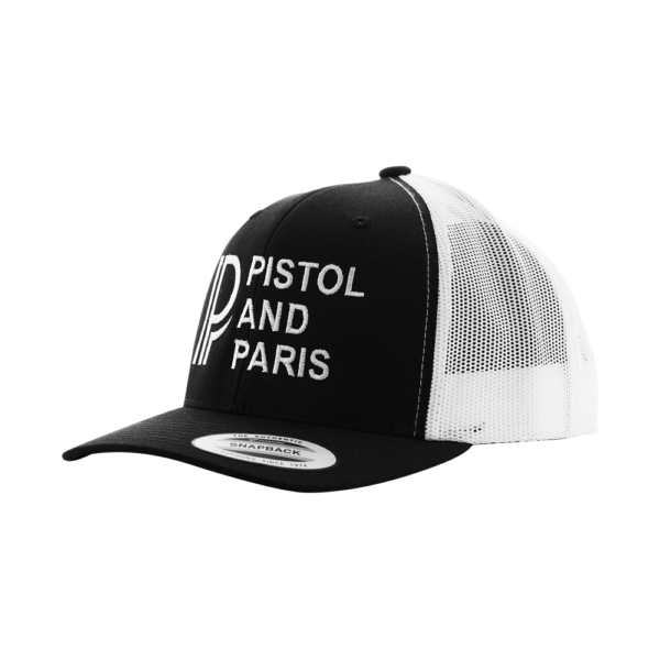 black and white pistol and paris trucker hat