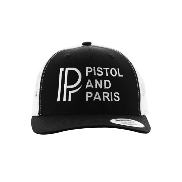 black and white pistol and paris trucker hat