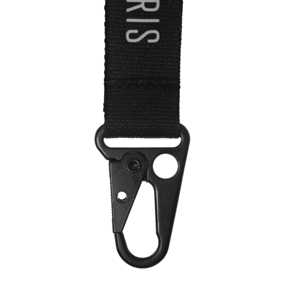 closed metal clip of black pistol and paris lanyard